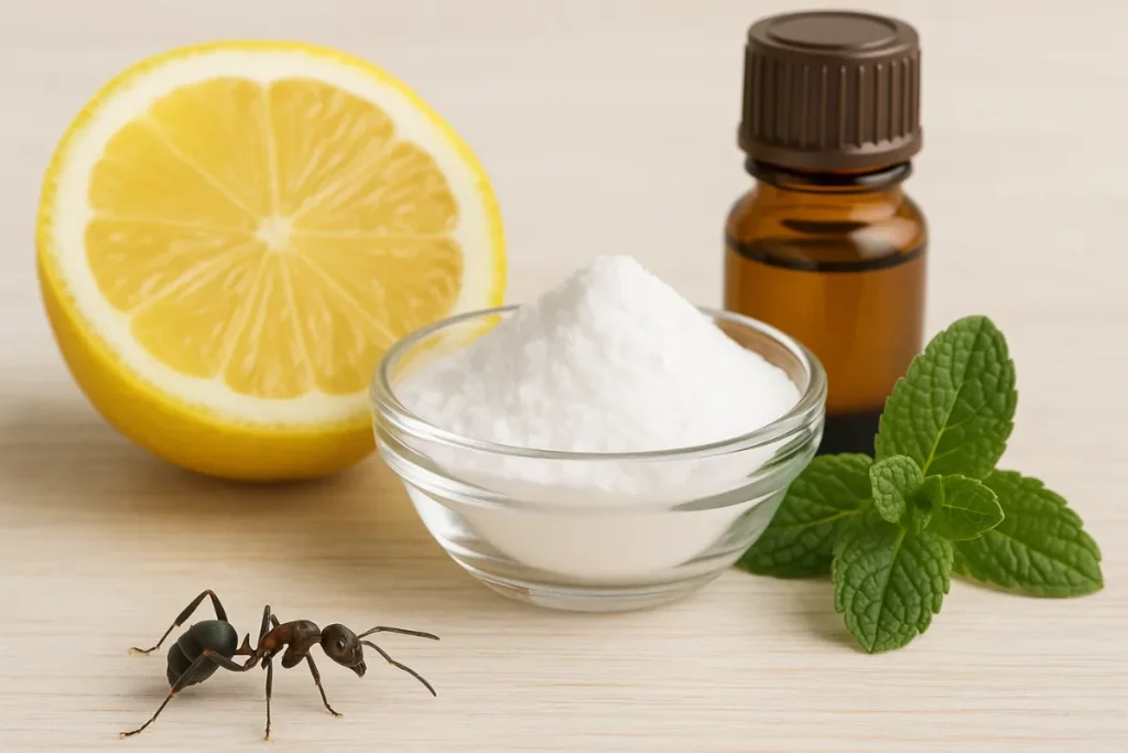 Illustration d'une fourmi entourée de traitement naturel : citron, huile essentielle et bicarbonate pour mettre en avant les anti fourmis naturels.