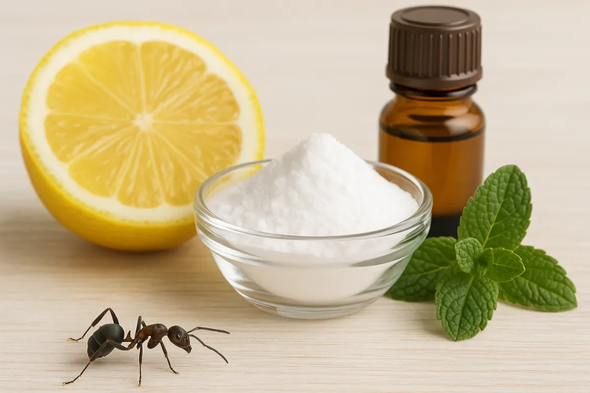 Illustration d'une fourmi entourée de traitement naturel : citron, huile essentielle et bicarbonate pour mettre en avant les anti fourmis naturels.