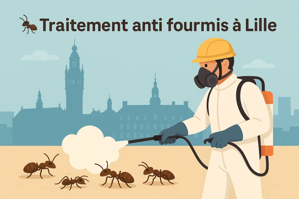 Illustration d'un technicien type bd réalisant un traitement fourmi dans la ville de Lille.