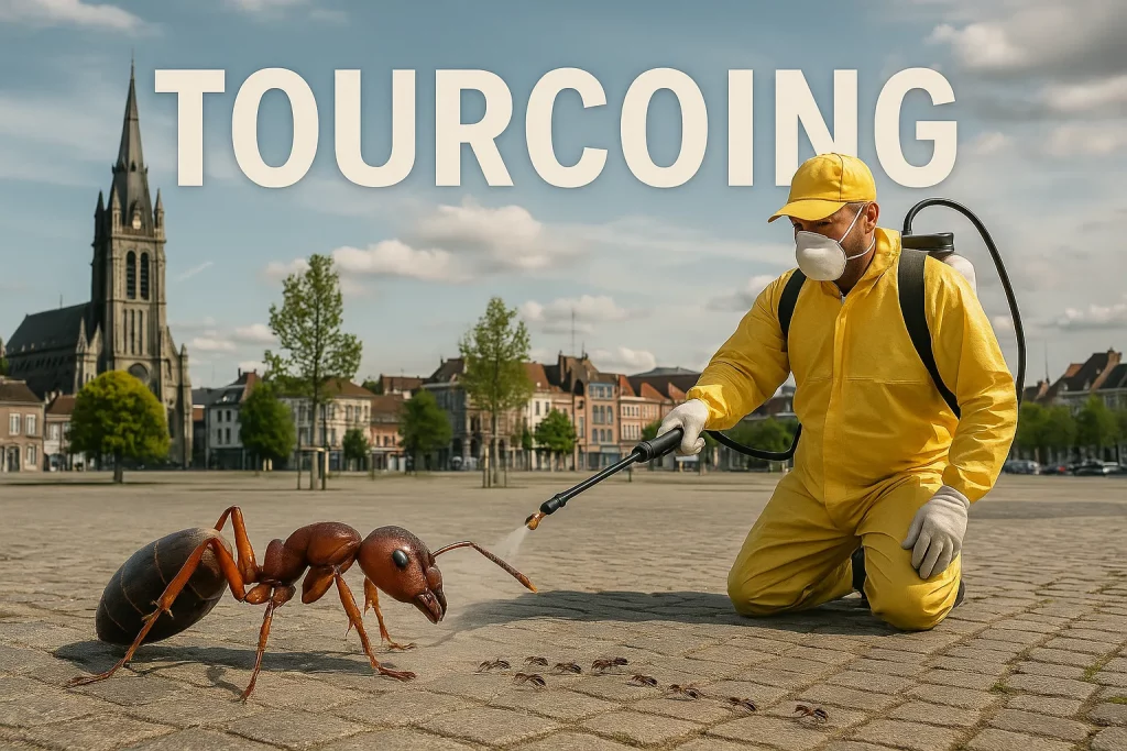 Illustration réaliste d'un technicien en train de faire une désinsectisation fourmis dans la ville de Tourcoing. Fourmi mise en avant en grandeur non naturelle.