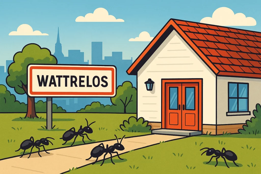 Illustration type BD d'une maison avec une invasion de fourmis dans la ville de Wattrelos pour mettre en avant le traitement contre les fourmis à Wattrelos Target Fourmi.