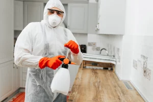 photo d'un technicien en train de réaliser une pulvérisation dans le cadre d'un traitement contre les fourmis.