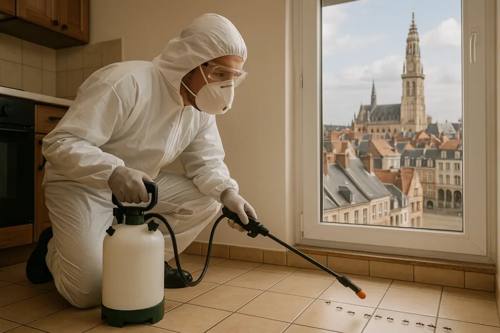 Technicien en désinsectisation anti-fourmis intervenant dans une maison à Arras avec vue sur le beffroi