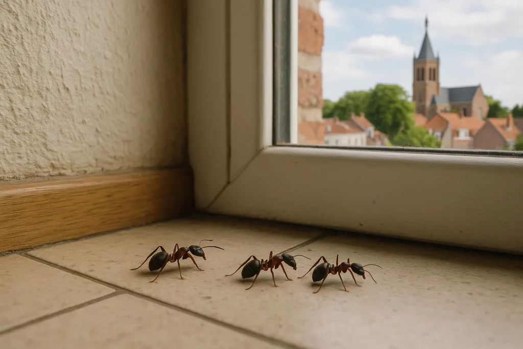 Fourmis marchant sur un sol carrelé près d’une fenêtre avec vue sur l’église de Lambersart – traitement infestation de fourmis
