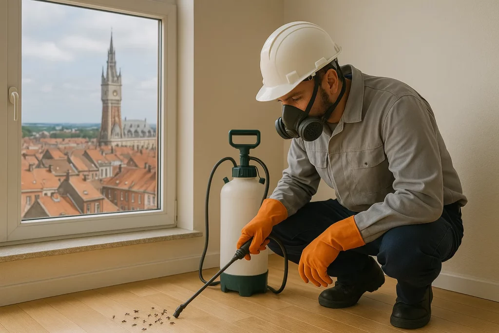 Désinsectisation de fourmis dans une maison à Lens avec vue sur le beffroi