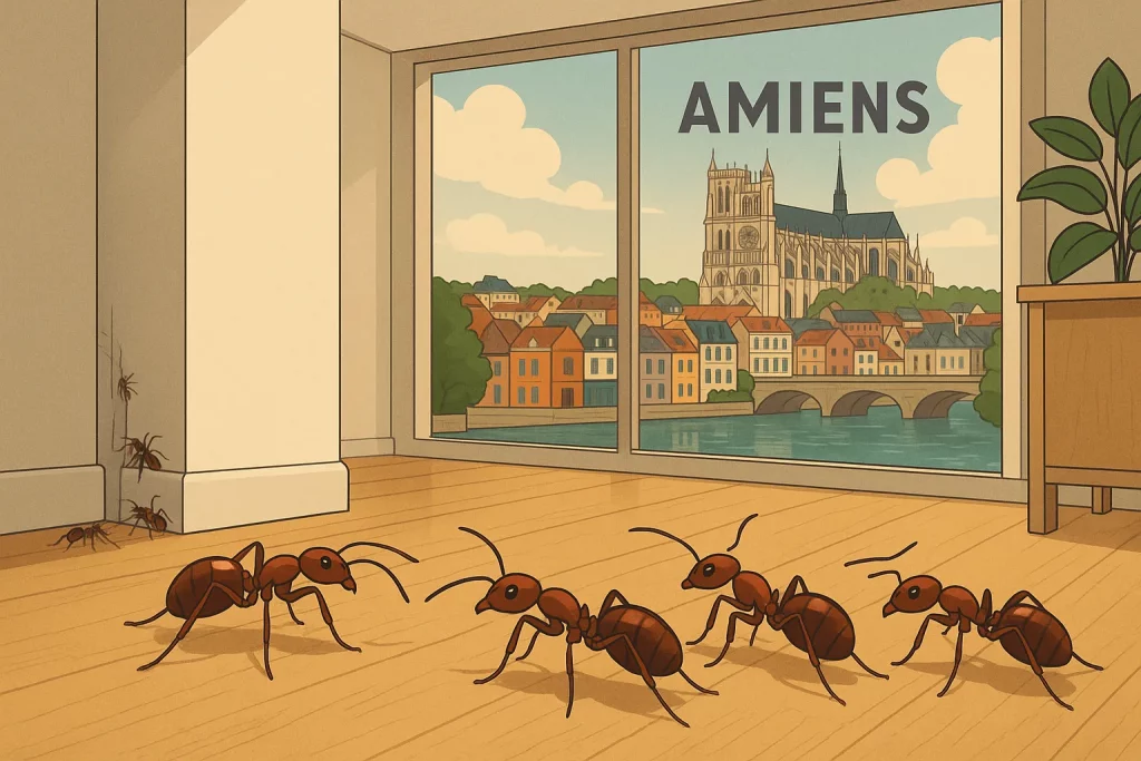 Illustration d'une invasion de fourmis dans une maison avec en arrière plan la ville d'Amiens pour illustrer le service de désinsectisation fourmis Target Fourmis à Amiens.
