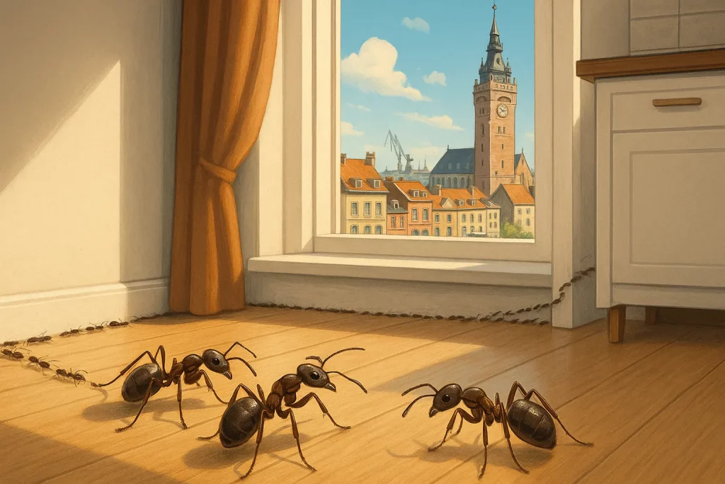 Illustration d'une invasion de fourmis dans une maison avec en arrière plan la ville de Dunkerque pour illustrer le service de désinsectisation fourmis Target Fourmis à Dunkerque.