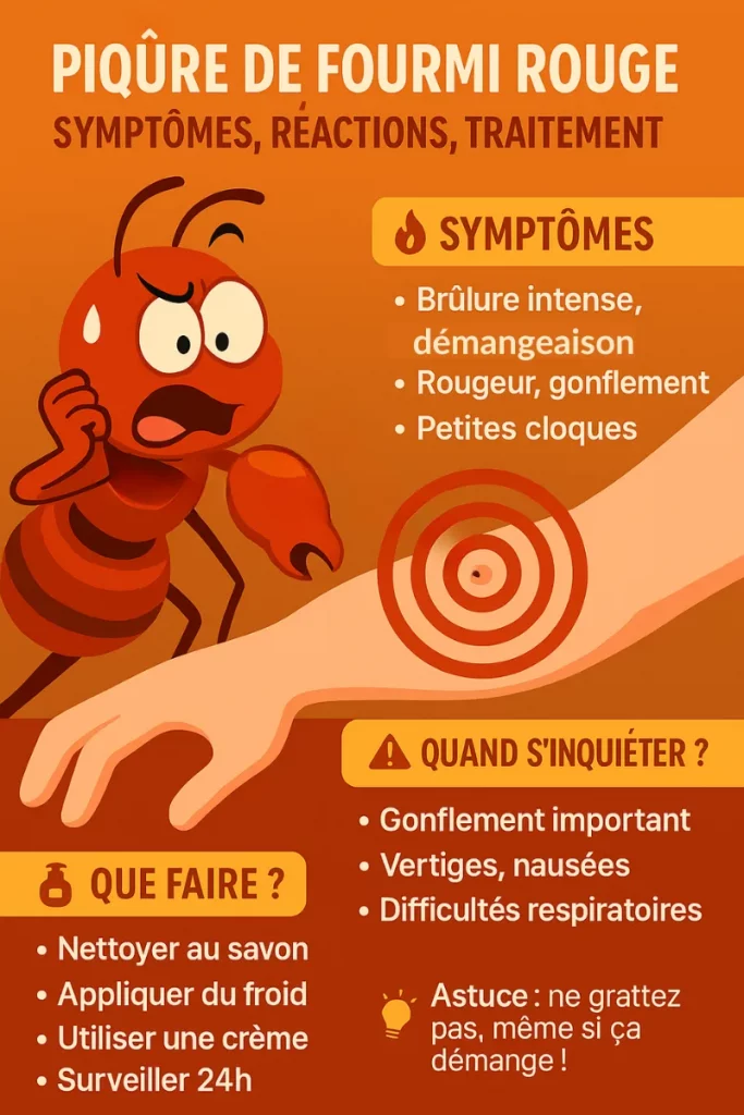 Infographie d'une piqûre de fourmi : symptôme, que faire, quand s'inquiéter.