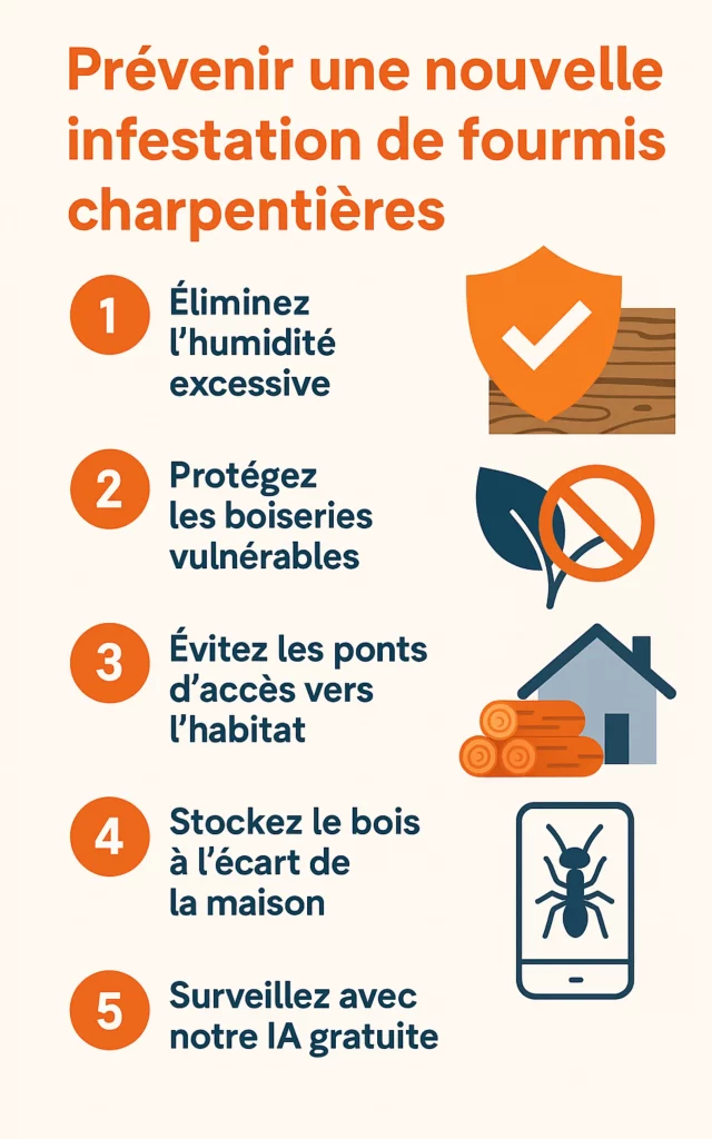 Infographie concernant les conseils de prévention pour la fourmi charpentière.