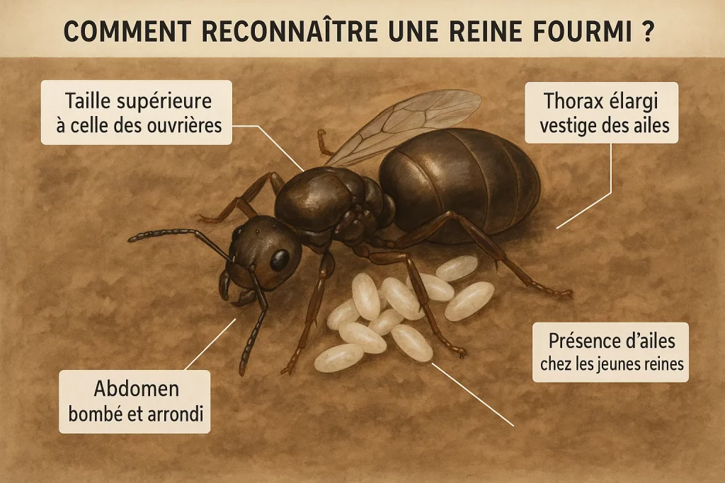 Infographie d'une reine fourmi avec les signes distinctifs.