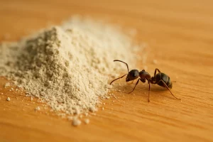 Illustration d'un fourmi près de la terre de diatomée pour mettre en avant les solutions naturelles contre les fourmis.