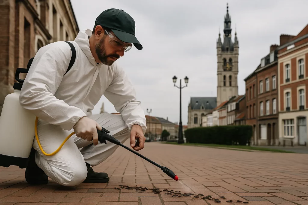 Illustration réaliste d'un technicien réalisant une désinsectisation fourmi dans la ville de Douai.