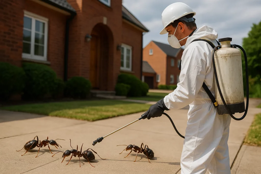 Illustration réaliste d'un technicien réalisant une désinsectisation contre les fourmis dans la ville de Bondues.