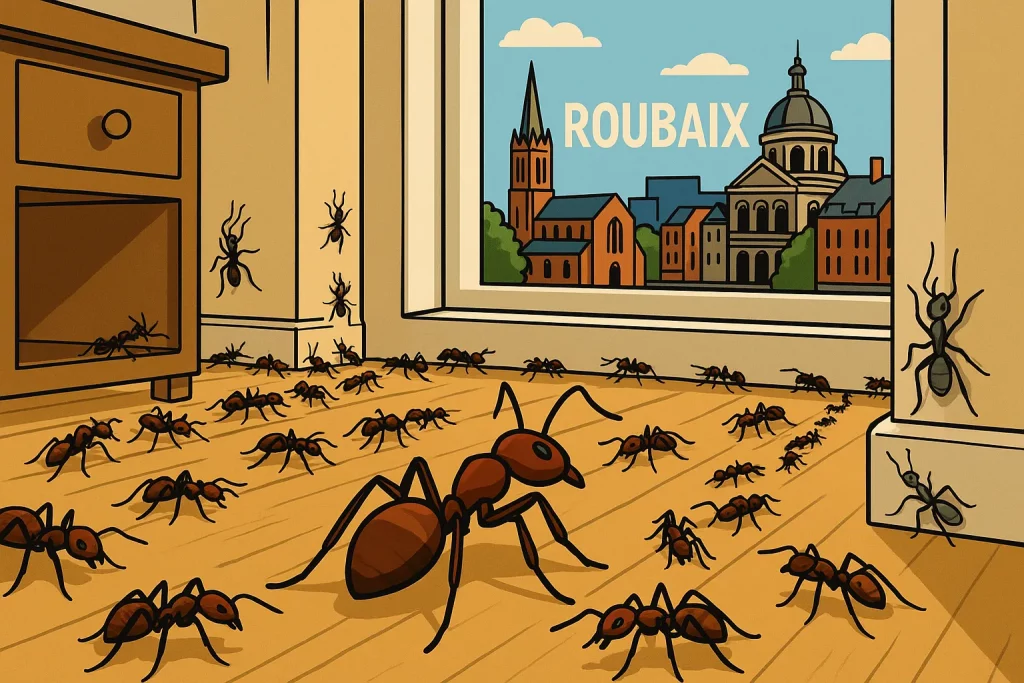 Illustration d'une invasion de fourmis dans une maison avec en arrière plan la ville de Roubaix pour illustrer le service de désinsectisation fourmis Target Fourmis à Roubaix.