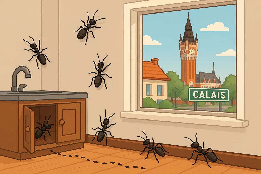 Illustration d'une invasion de fourmis dans une maison avec en arrière plan la ville de Calais pour illustrer le service de désinsectisation fourmis Target Fourmis.