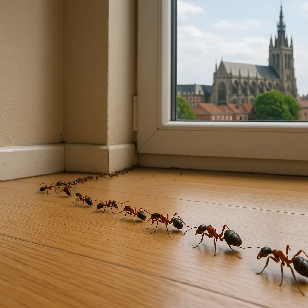 Illustration d'une procession de fourmis envahissant un intérieur près d’une fenêtre avec vue sur la cathédrale de Valenciennes.