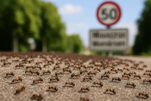 Illustration de dizaines de fourmis noires dans la ville de Mouscron pour mettre en avant le service de désinsectisation anti fourmis à Mouscron.
